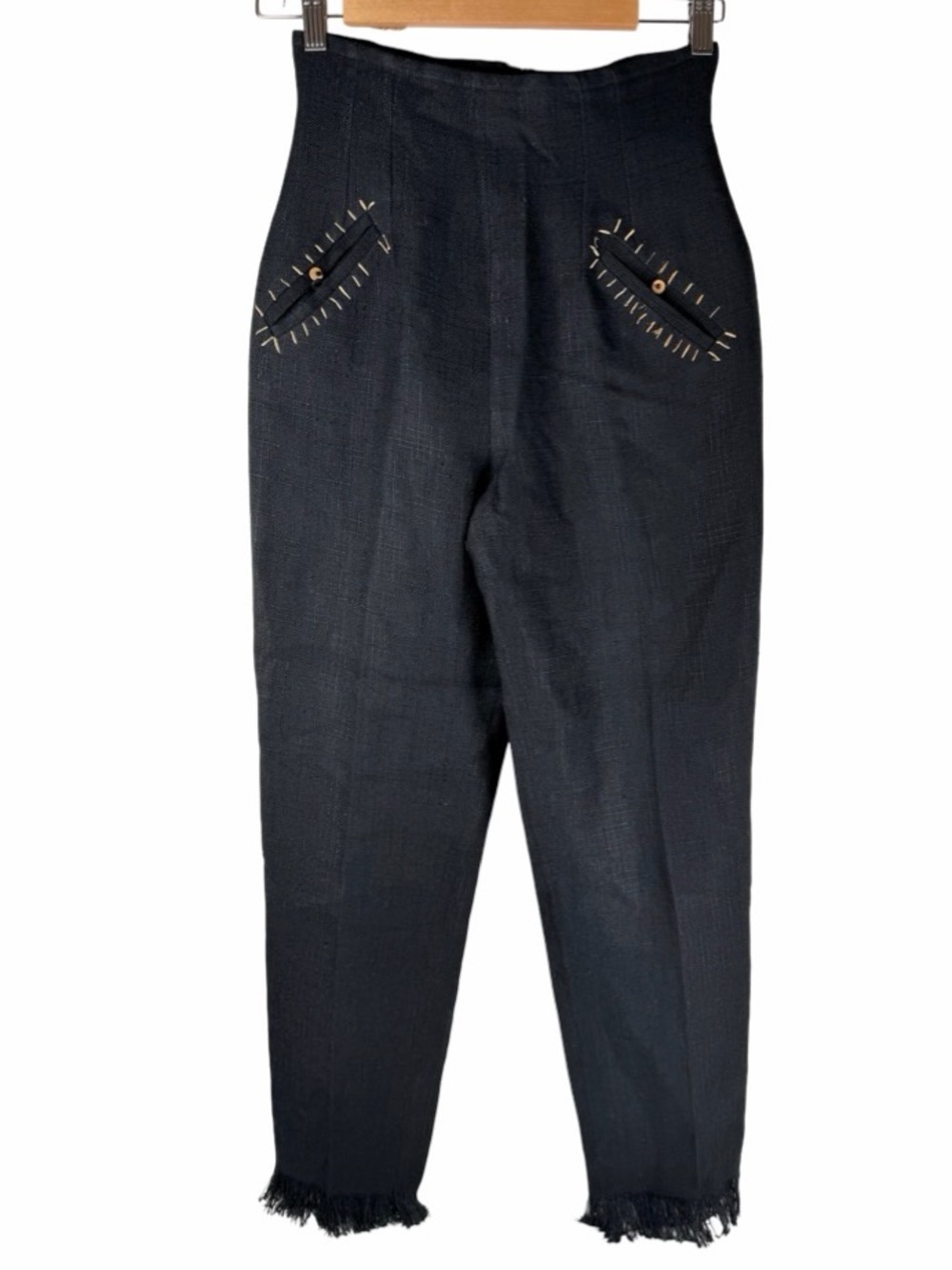 IDOL Vintage Black Linen High Waisted Stitches Frayed Hem Trouser Pants Size M
